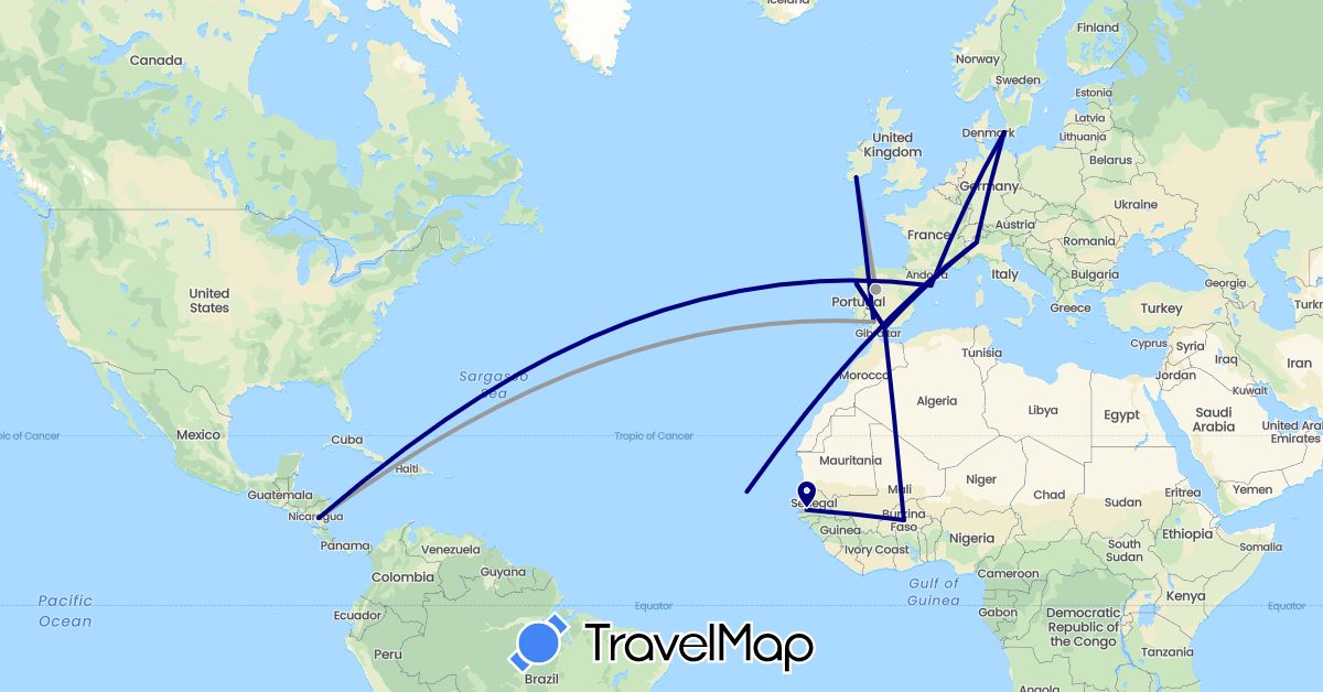 TravelMap itinerary: driving, plane in Burkina Faso, Cape Verde, Denmark, Spain, Gambia, Ireland, Italy, Nicaragua, Portugal (Africa, Europe, North America)